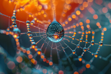 Poster - A close-up showing a single dewdrop on a spider web about to fall, suspended in time and reflecting