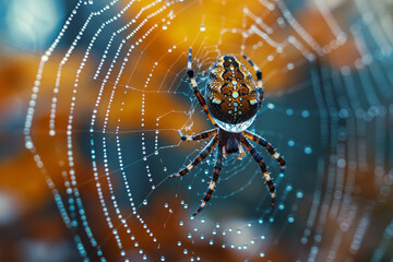 Poster - A close-up showing a single dewdrop on a spider web about to fall, suspended in time and reflecting
