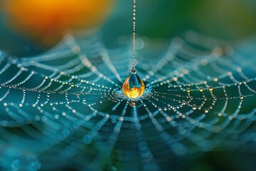 Poster - A close-up showing a single dewdrop on a spider web about to fall, suspended in time and reflecting