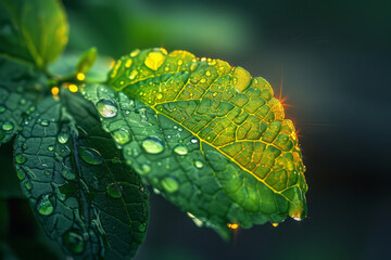 Poster - A detailed shot of a raindrop on a leaf, where the light magnifies and distorts the green veins into