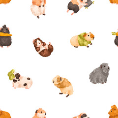 Poster - Cute guinea pigs, seamless pattern. Funny adorable cavies, endless background design for fabric print, textile, wrapping. Kawaii baby animals, rodent pets, repeating texture. Flat vector illustration