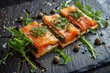 Millefeuille with Cream Cheese Mousse, Arugula and Capers Top View, Exquisite Trout Sashimi of Sliced Red Fish