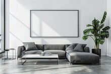 Mock-up Poster Frame In Living Room Background, Scandi-Boho Style, 3d Render. Beautiful Simple AI Generated Image In 4K, Unique.