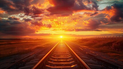 Poster - Sunset over railroad. Generative AI