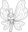 Outlined Cute Butterfly Cartoon Character Waving For Greeting. Vector Hand Drawn Illustration Isolated On Transparent Background