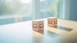 World mental health day concept, Feedback rating, Positive customer review, Wood cube with emotion face icon on table, Sad and smile feeling
