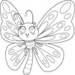 Outlined Smiling Cute Butterfly Cartoon Character Flying. Vector Hand Drawn Illustration Isolated On Transparent Background