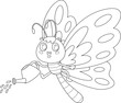Outlined Cute Butterfly Cartoon Character Watering. Vector Hand Drawn Illustration Isolated On Transparent Background