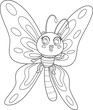 Outlined Cute Butterfly Cartoon Character Waving For Greeting. Vector Hand Drawn Illustration Isolated On Transparent Background