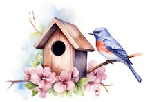 Watercolor Birdhouse With Spring Flowers. Hand Painted Illustration Isolated On White Background