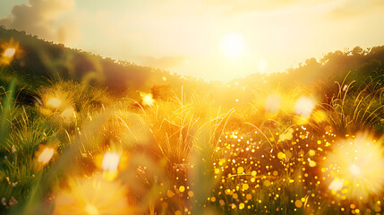 Wall Mural - Beautiful sunrise in the mountain..Meadow landscape refreshment with sunray and golden bokeh.