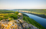 Fototapeta Na ścianę - The view from the top of the great Dniester river that flows through the hilly area. Ukraine.