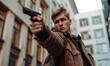 A tense scene showcasing a young man in a casual jacket aiming a handgun or pistol.