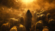 Jesus Shepherd Amidst the Flock at Dusk. Silhouetted figure with a staff stands among a vast flock of sheep in a golden sunset