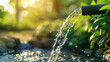 Crystal water flows from a pipe against a backdrop of sun-kissed foliage, with bokeh light playing on the droplets, evoking a sense of freshness and natural purity