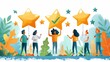 An illustration of a character completing a survey form, checking off items on a checklist, and giving five stars to something. User experience concept. Flat cartoon modern illustration.