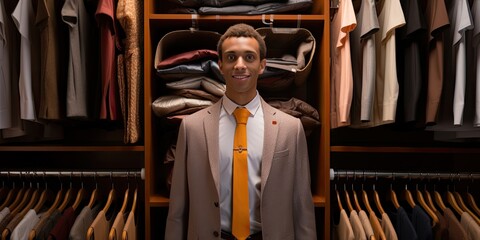 Canvas Print - Man examining and selecting comfortable clothes during his mall visit.