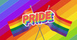 Image of pride text and flags over rainbow background