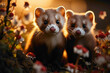 Playful ferrets exploring a garden setting, their inquisitive nature and adorable features highlighted in a delightful HD image.