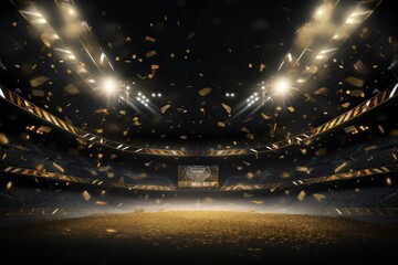 Wall Mural - Black background, lights and golden confetti on the black background, football stadium with spotlights, banner for sports events