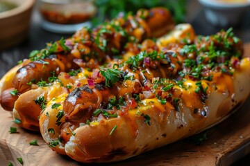 Wall Mural - Homemade hot dogs with sausage and herbs