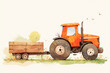 Watercolor tractor towing trailer illustration. Red tractor with wooden trailer on a subtle background. Farm transport and rural lifestyle concept.