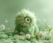A bashful Cyclops with a single, gentle eye, in a meadow of soft, 3D grass and daisies, on a clean, light green base
