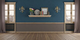 Fototapeta  - Elegant living room with classic blue walls and wooden shelf