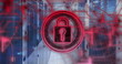 Image of security padlock icon and mathematical equations against computer server room