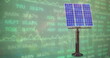 Image of stock market over solar panel on green background
