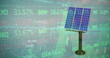 Image of financial data processing over solar panel on grid background