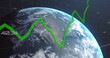 Image of statistics with green line and data processing over earth globe on blue background