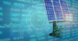 Image of financial data processing over solar panel on blue background
