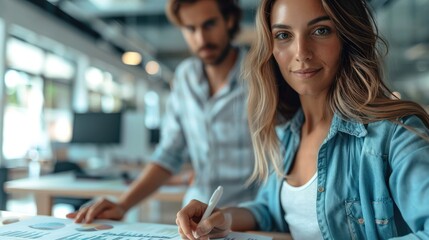Leinwandbilder - Two people working on a strategy in a modern office. Generative AI.