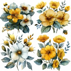 Wall Mural - The watercolor illustration features yellow and white flowers in a delicate bouquet.