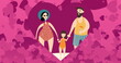 Image of multiple hearts over happy family with daughter at beach on pink background