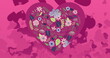 Image of multiple hearts over falling flowers on pink background