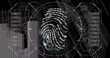 Image of financial data processing and biometric fingerprint over black background