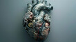 An artistic representation of a human heart, half organic and half mechanical, pulsing with gears and pistons visible under semitransparent skin