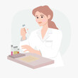 Female doctor sitting on a desk Pour the test tube onto the work table. Concept Check for hpv, hiv, covid viruses.