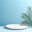 Blue background with palm leaf shadow and white wooden table for product display, summer concept. Vector illustration
