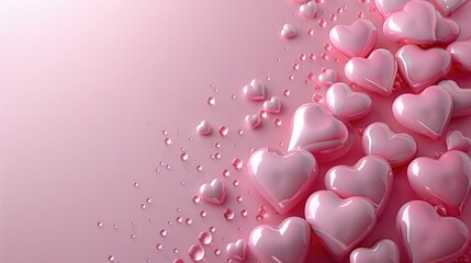 Poster - illustration of 3d hearts, valentine's day background, copy space, pastel color, pink background. Generative AI.