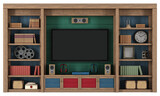 Fototapeta  - Stylish vintage wooden entertainment center featuring a blank tv screen, books, and decor isolated on white - 3d rendering
