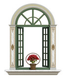 Fototapeta  - Sophisticated window design with green shutters and ornate decoration, featuring a basket of vivid red flowers isolated on white - 3d rendering