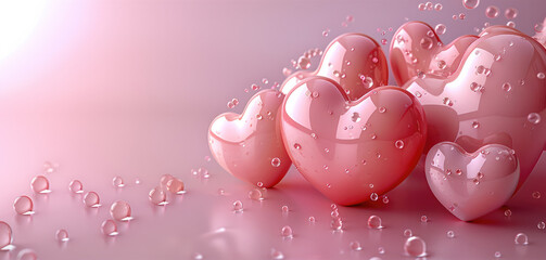 Poster - illustration of 3d hearts, valentine's day background, copy space, pastel color, pink background. Generative AI.