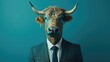 A businessman with a bull's head in a business suit and tie, wearing glasses on a blurred background. Wolf character