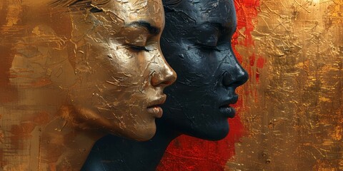 Two female heads in bronze and red colors. Gold Background