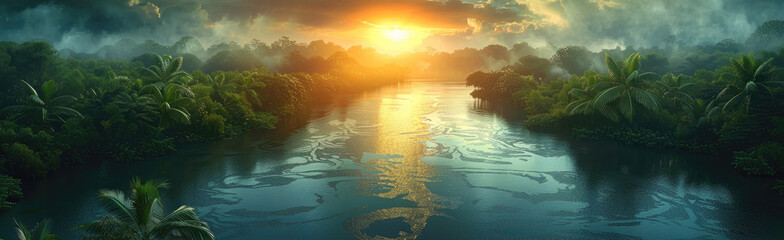 Poster - Jungle along the Amazon River, dense forest, streams, rivers, mountainous terrain and a large rift in the ground. Generative AI.