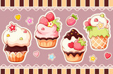 Fototapeta Kwiaty - Set of stickers with cute sweet desserts in kawaii style. Cake, muffin and cupcake with whipped cream, cherry and strawberry. Vector illustration EPS8