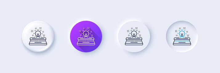 Poster - Typewriter line icon. Neumorphic, Purple gradient, 3d pin buttons. Creativity sign. Inspiration light bulb symbol. Line icons. Neumorphic buttons with outline signs. Vector